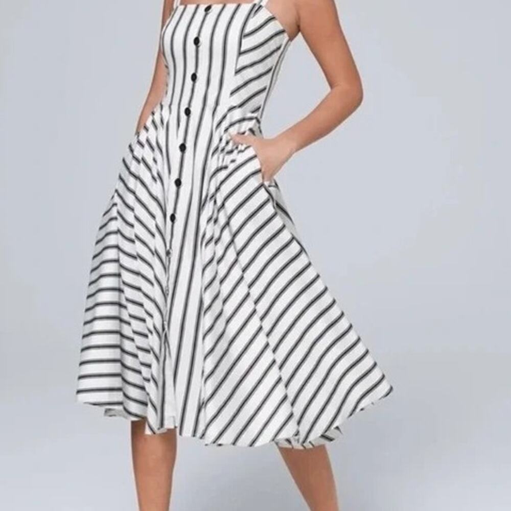 Women's White House Black Market Black White Striped Swing Dress Pockets Sz 12